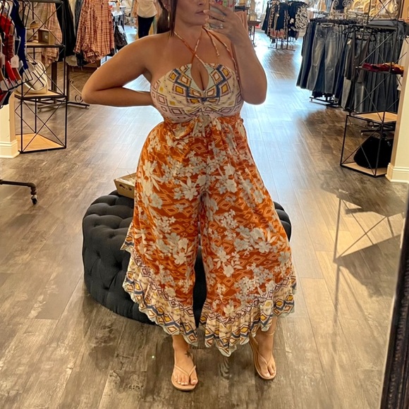 Angie Pants - Tribal Floral Print Wide Leg Jumpsuit